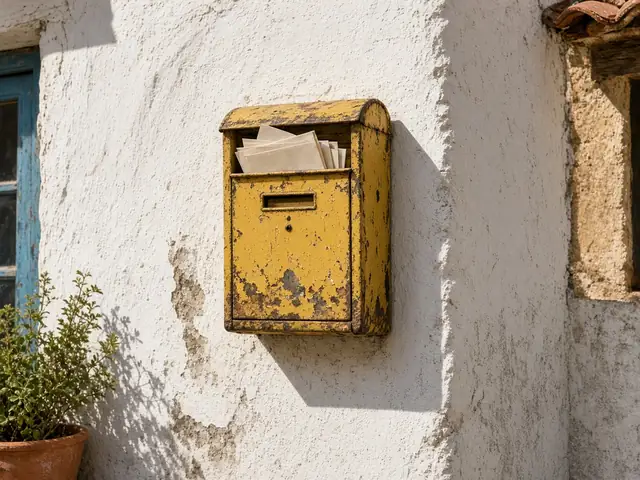 Gele brievenbus met enveloppen aan een witte muur